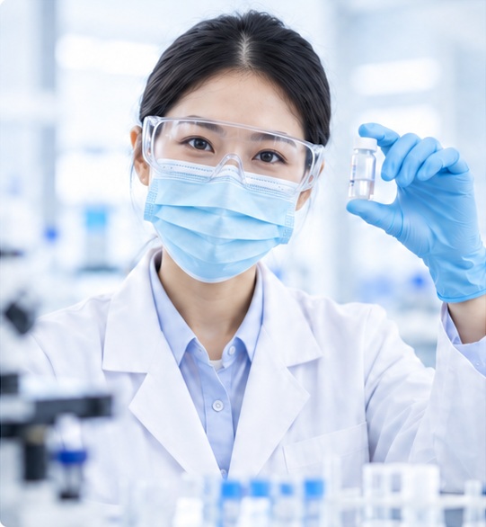 Laboratory specialist wearing safety goggles and holding a sample vial